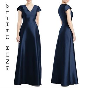 Alfred Sung Navy Satin Ball Gown Maxi Wedding Dress Prom Red Carpet Designer 4